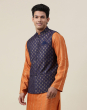 Navy Viscose Silk Printed Nehru Jacket