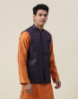 Navy Viscose Silk Printed Nehru Jacket