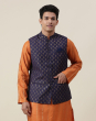 Navy Viscose Silk Printed Nehru Jacket