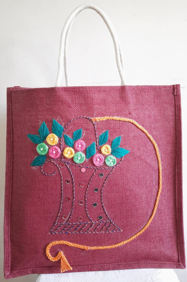 Jute Bag With Hand Embroidery (Maroon colour)