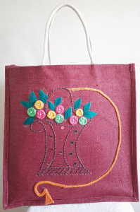 Jute Bag With Hand Embroidery (Maroon colour)