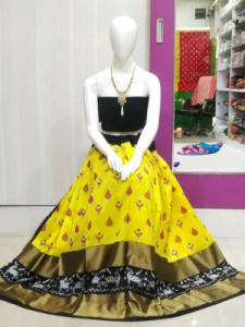 Ikat Yellow, Blue Lehenga Dress Material