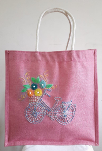 Jute Shopping Bag With Hand Embroider (Pink)