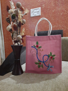 Jute Bags With Hand Embroidery (Pink-Flower)