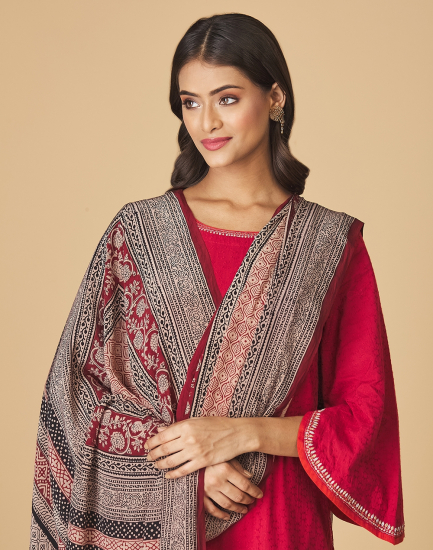 Maroon Silk Printed Dupatta