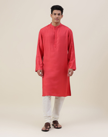 Red Viscose Silk Woven Long Kurta