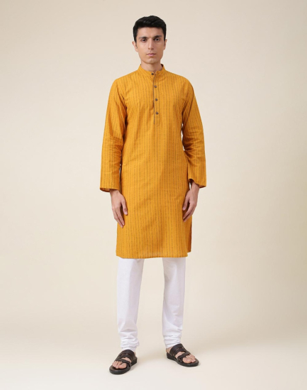 Mustard Cotton Dobby Slim Fit Long Kurta