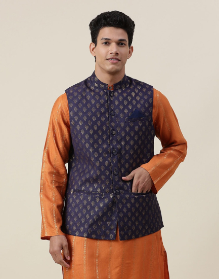 Navy Viscose Silk Printed Nehru Jacket